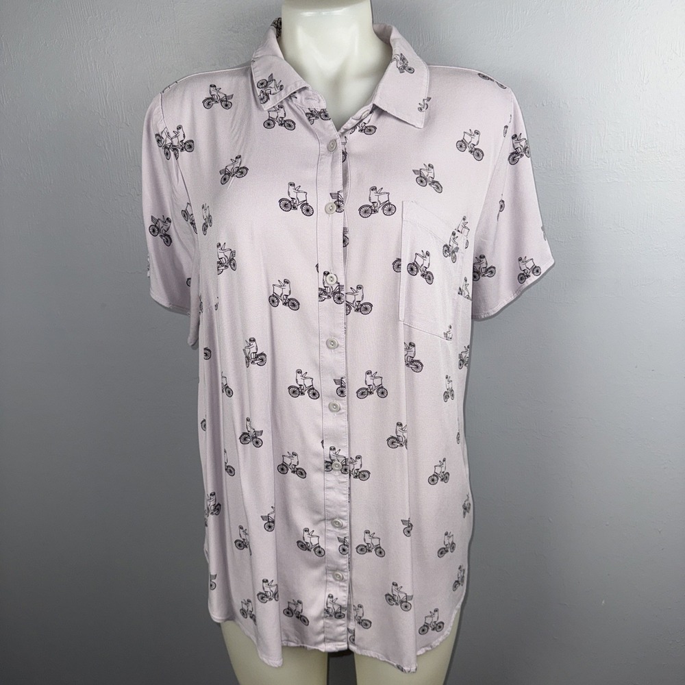 Torrid Stretch Challis Button-Front Shirt 2(2X) Lilac Cycle Sloth Short Sleeve